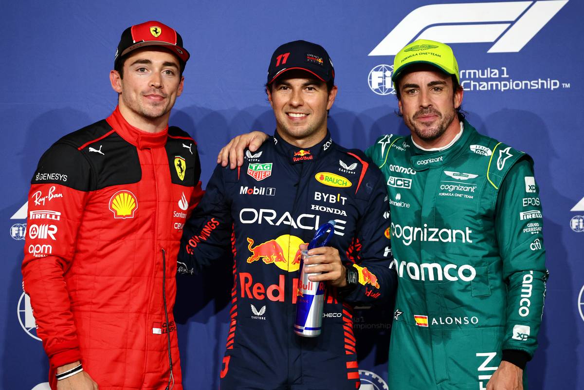 Qualifying top three in parc ferme (L to R): Charles Leclerc (MON) Ferrari, second; Sergio Perez (MEX) Red Bull Racing, pole position; Fernando Alonso (ESP) Aston Martin F1 Team, third.
18.03.2023. Formula 1 World Championship, Rd 2, Saudi Arabian Grand Prix, Jeddah, Saudi Arabia, Qualifying Day.
- www.xpbimages.com, EMail: requests@xpbimages.com © Copyright: Batchelor / XPB Images