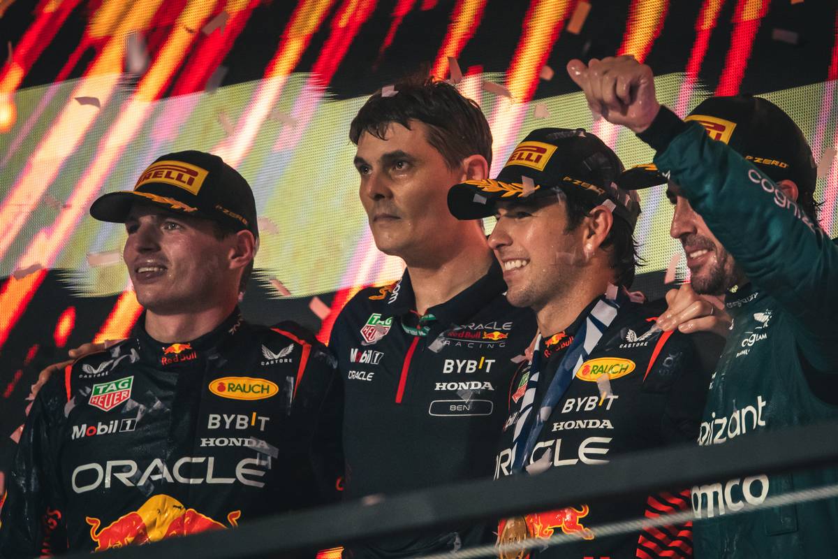 The podium (L to R): Max Verstappen (NLD) Red Bull Racing, second; Ben Waterhouse (GBR) Red Bull Racing Head of Performance Engineering; Sergio Perez (MEX) Red Bull Racing, race winner; Fernando Alonso (ESP) Aston Martin F1 Team, fourth. 19.03.2023. Formula 1 World Championship, Rd 2, Saudi Arabian Grand Prix, Jeddah, Saudi Arabia, Race Day. - www.xpbimages.com, EMail: requests@xpbimages.com © Copyright: Bearne / XPB Images