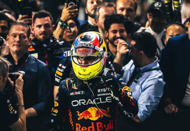 Race winner Sergio Perez (MEX) Red Bull Racing celebrates with the team in parc ferme. 19.03.2023. Formula 1 World Championship, Rd 2, Saudi Arabian Grand Prix, Jeddah, Saudi Arabia, Race Day. - www.xpbimages.com, EMail: requests@xpbimages.com © Copyright: Bearne / XPB Images