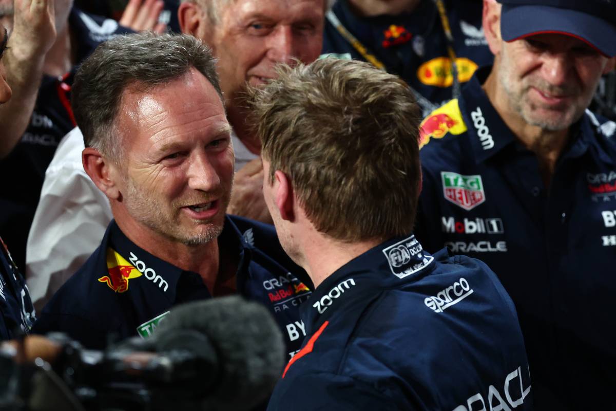 Christian Horner (GBR) Red Bull Racing Team Principal with Max Verstappen (NLD) Red Bull Racing. 19.03.2023. Formula 1 World Championship, Rd 2, Saudi Arabian Grand Prix, Jeddah, Saudi Arabia, Race Day. - www.xpbimages.com, EMail: requests@xpbimages.com © Copyright: Batchelor / XPB Images