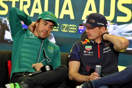 (L to R): Fernando Alonso (ESP) Aston Martin F1 Team and Max Verstappen (NLD) Red Bull Racing, in the FIA Press Conference.
30.03.2023. Formula 1 World Championship, Rd 3, Australian Grand Prix, Albert Park, Melbourne, Australia, Preparation Day.
- www.xpbimages.com, EMail: requests@xpbimages.com © Copyright: Moy / XPB Images