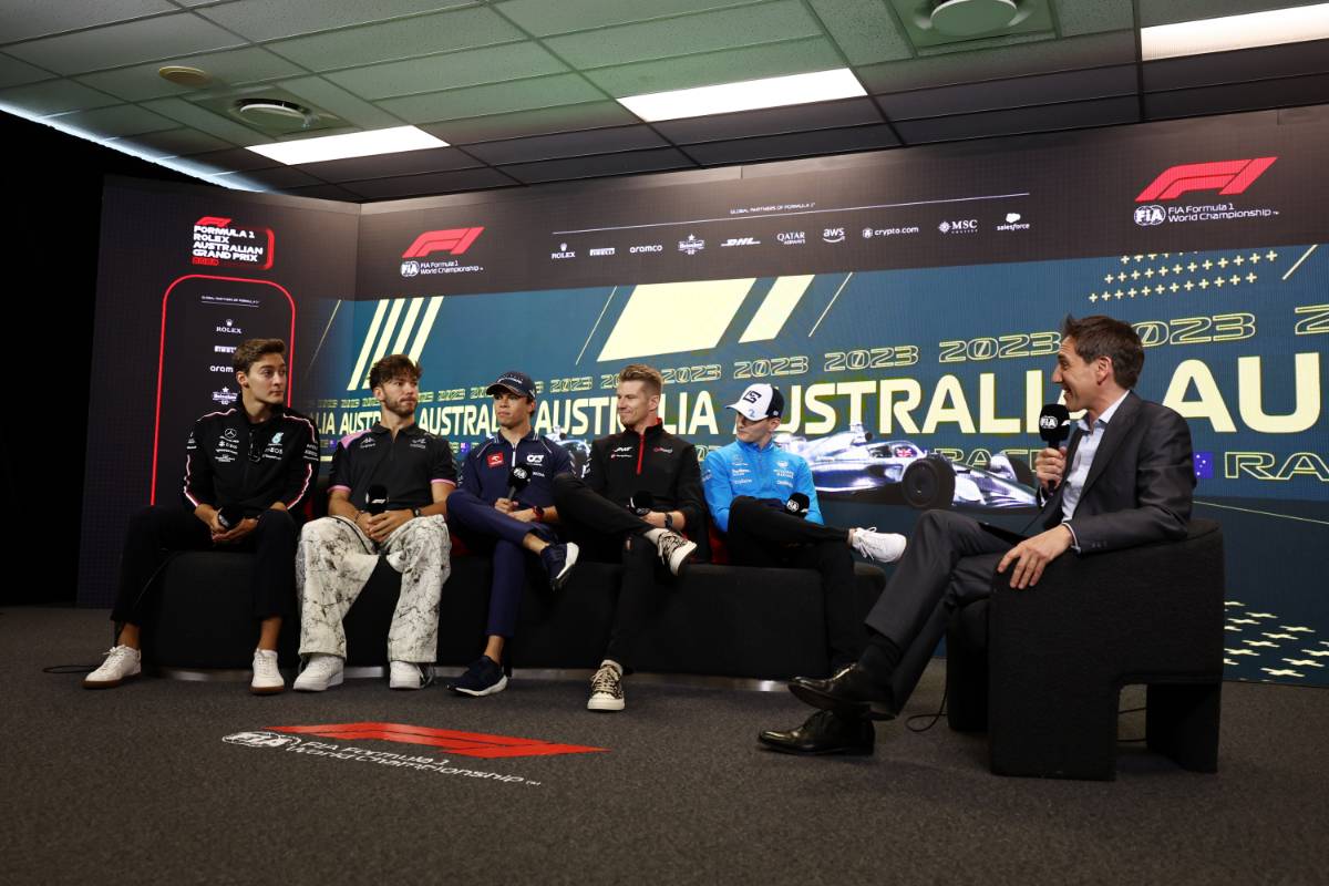 (L to R): George Russell (GBR) Mercedes AMG F1; Pierre Gasly (FRA) Alpine F1 Team; Nyck de Vries (NLD) AlphaTauri; Nico Hulkenberg (GER) Haas F1 Team; and Logan Sargeant (USA) Williams Racing, in the FIA Press Conference. 30.03.2023. Formula 1 World Championship, Rd 3, Australian Grand Prix, Albert Park, Melbourne, Australia, Preparation Day. - www.xpbimages.com, EMail: requests@xpbimages.com © Copyright: Moy / XPB Images