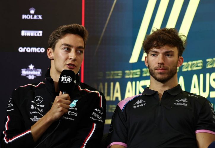 (L to R): George Russell (GBR) Mercedes AMG F1 and Pierre Gasly (FRA) Alpine F1 Team in the FIA Press Conference. 30.03.2023. Formula 1 World Championship, Rd 3, Australian Grand Prix, Albert Park, Melbourne, Australia, Preparation Day. - www.xpbimages.com, EMail: requests@xpbimages.com © Copyright: Moy / XPB Images