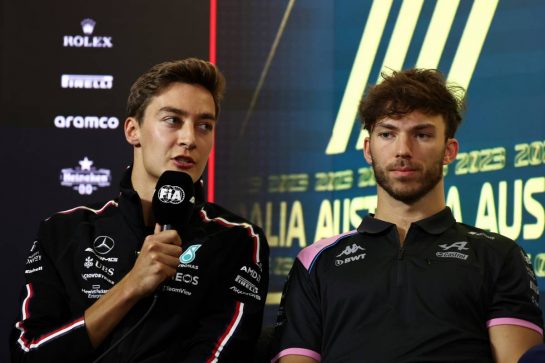 (L to R): George Russell (GBR) Mercedes AMG F1 and Pierre Gasly (FRA) Alpine F1 Team in the FIA Press Conference.
30.03.2023. Formula 1 World Championship, Rd 3, Australian Grand Prix, Albert Park, Melbourne, Australia, Preparation Day.
- www.xpbimages.com, EMail: requests@xpbimages.com © Copyright: Moy / XPB Images