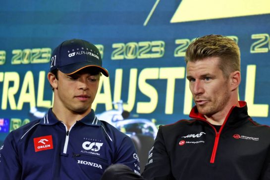 (L to R): Nyck de Vries (NLD) AlphaTauri and Nico Hulkenberg (GER) Haas F1 Team in the FIA Press Conference.
30.03.2023. Formula 1 World Championship, Rd 3, Australian Grand Prix, Albert Park, Melbourne, Australia, Preparation Day.
- www.xpbimages.com, EMail: requests@xpbimages.com © Copyright: Moy / XPB Images