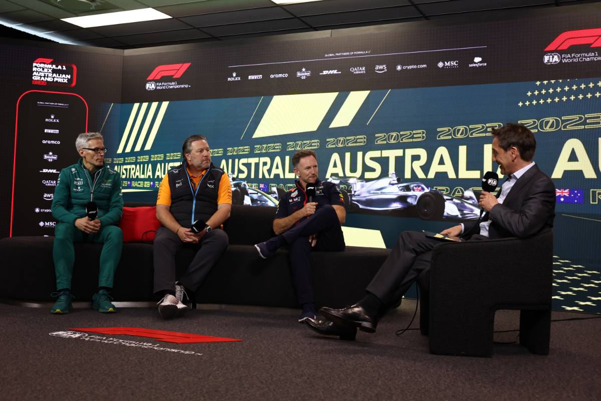 (L to R): Mike Krack (LUX) Aston Martin F1 Team, Team Principal; Zak Brown (USA) McLaren Executive Director; Christian Horner (GBR) Red Bull Racing Team Principal; and Tom Clarkson (GBR) Journalist, in the FIA Press Conference 31.03.2023. Formula 1 World Championship, Rd 3, Australian Grand Prix, Albert Park, Melbourne, Australia, Practice Day. - www.xpbimages.com, EMail: requests@xpbimages.com © Copyright: Moy / XPB Images