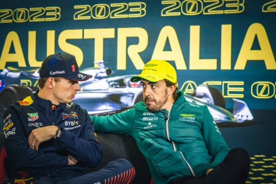(L to R): Max Verstappen (NLD) Red Bull Racing and Fernando Alonso (ESP) Aston Martin F1 Team in the post race FIA Press Conference.
02.04.2023. Formula 1 World Championship, Rd 3, Australian Grand Prix, Albert Park, Melbourne, Australia, Race Day.
- www.xpbimages.com, EMail: requests@xpbimages.com © Copyright: Bearne / XPB Images