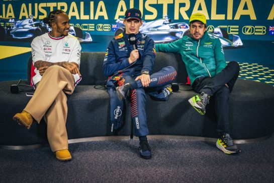 (L to R): Lewis Hamilton (GBR) Mercedes AMG F1; Max Verstappen (NLD) Red Bull Racing; and Fernando Alonso (ESP) Aston Martin F1 Team, in the post race FIA Press Conference.
02.04.2023. Formula 1 World Championship, Rd 3, Australian Grand Prix, Albert Park, Melbourne, Australia, Race Day.
- www.xpbimages.com, EMail: requests@xpbimages.com © Copyright: Bearne / XPB Images