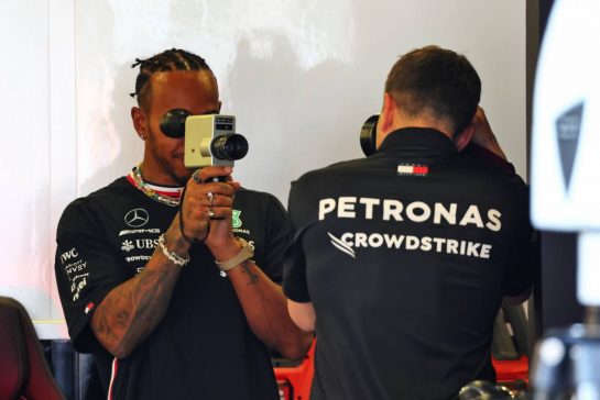 Lewis Hamilton (GBR) Mercedes AMG F1 with a film camera.
27.04.2023. Formula 1 World Championship, Rd 4, Azerbaijan Grand Prix, Baku Street Circuit, Azerbaijan, Preparation Day.
 - www.xpbimages.com, EMail: requests@xpbimages.com © Copyright: Coates / XPB Images