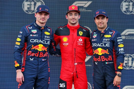 Qualifying parc ferme top three (L to R): Max Verstappen (NLD) Red Bull Racing, second; Charles Leclerc (MON) Ferrari, pole position; Sergio Perez (MEX) Red Bull Racing, third.
28.04.2023. Formula 1 World Championship, Rd 4, Azerbaijan Grand Prix, Baku Street Circuit, Azerbaijan, Qualifying Day.
- www.xpbimages.com, EMail: requests@xpbimages.com © Copyright: Batchelor / XPB Images