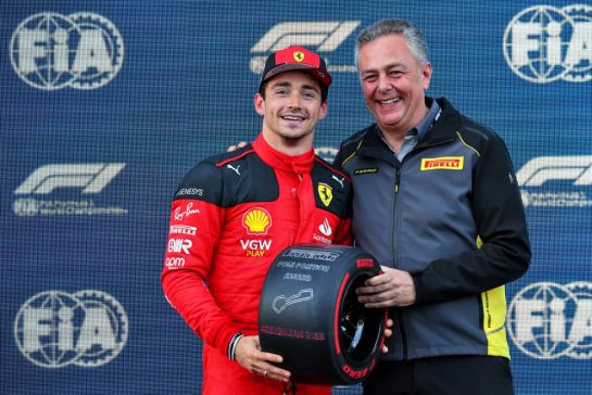 (L to R): Charles Leclerc (MON) Ferrari receives the Pirelli Pole Position Award from Mario Isola (ITA) Pirelli Racing Manager.
28.04.2023. Formula 1 World Championship, Rd 4, Azerbaijan Grand Prix, Baku Street Circuit, Azerbaijan, Qualifying Day.
- www.xpbimages.com, EMail: requests@xpbimages.com © Copyright: Batchelor / XPB Images