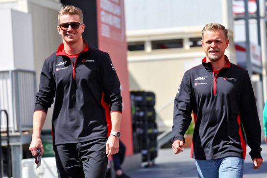 (L to R): Nico Hulkenberg (GER) Haas F1 Team with team mate Kevin Magnussen (DEN) Haas F1 Team.
29.04.2023. Formula 1 World Championship, Rd 4, Azerbaijan Grand Prix, Baku Street Circuit, Azerbaijan, Sprint Day.
- www.xpbimages.com, EMail: requests@xpbimages.com © Copyright: Batchelor / XPB Images