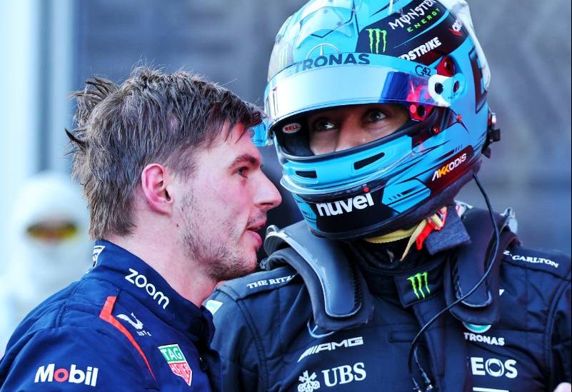 (L to R): Max Verstappen (NLD) Red Bull Racing and George Russell (GBR) Mercedes AMG F1 discuss the Sprint race in parc ferme. 29.04.2023. Formula 1 World Championship, Rd 4, Azerbaijan Grand Prix, Baku Street Circuit, Azerbaijan, Sprint Day. - www.xpbimages.com, EMail: requests@xpbimages.com © Copyright: Batchelor / XPB Images