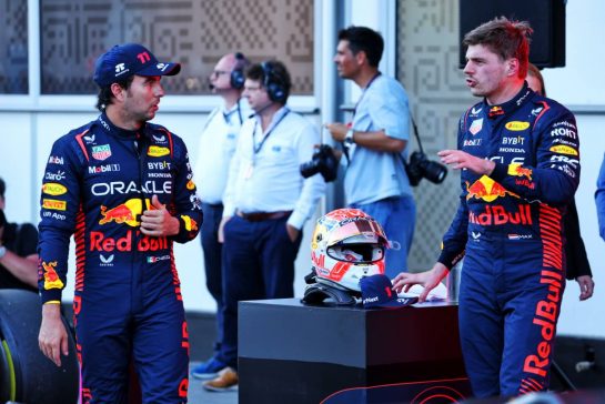 (L to R): Sprint winner Sergio Perez (MEX) Red Bull Racing with team mate Max Verstappen (NLD) Red Bull Racing in parc ferme.
29.04.2023. Formula 1 World Championship, Rd 4, Azerbaijan Grand Prix, Baku Street Circuit, Azerbaijan, Sprint Day.
- www.xpbimages.com, EMail: requests@xpbimages.com © Copyright: Batchelor / XPB Images