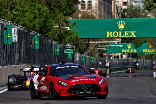 Sergio Perez (MEX) Red Bull Racing RB19 leads behind the Mercedes FIA Safety Car.
30.04.2023. Formula 1 World Championship, Rd 4, Azerbaijan Grand Prix, Baku Street Circuit, Azerbaijan, Race Day.
- www.xpbimages.com, EMail: requests@xpbimages.com © Copyright: Charniaux / XPB Images
