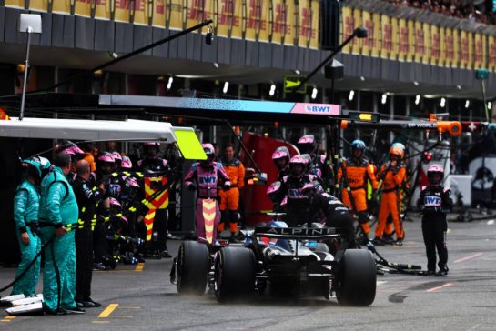 Esteban Ocon (FRA) Alpine F1 Team A523 makes a pit stop.
30.04.2023. Formula 1 World Championship, Rd 4, Azerbaijan Grand Prix, Baku Street Circuit, Azerbaijan, Race Day.
- www.xpbimages.com, EMail: requests@xpbimages.com © Copyright: Batchelor / XPB Images