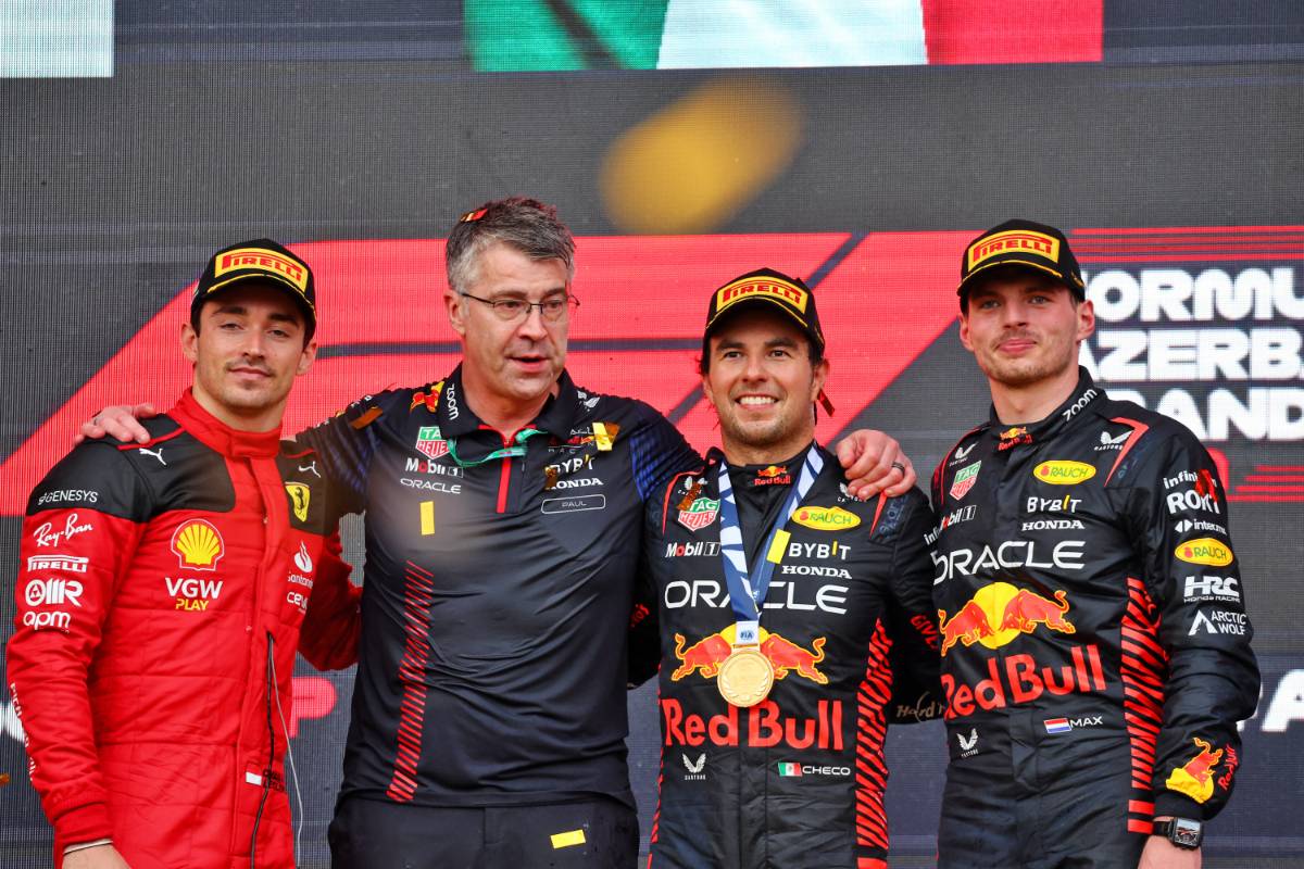 The podium (L to R): Charles Leclerc (MON) Ferrari, second; Sergio Perez (MEX) Red Bull Racing, race winner; Max Verstappen (NLD) Red Bull Racing, third.
30.04.2023. Formula 1 World Championship, Rd 4, Azerbaijan Grand Prix, Baku Street Circuit, Azerbaijan, Race Day.
- www.xpbimages.com, EMail: requests@xpbimages.com © Copyright: Batchelor / XPB Images