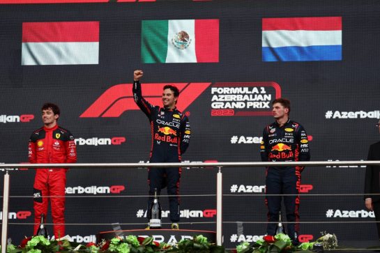 The podium (L to R): Charles Leclerc (MON) Ferrari, second; Sergio Perez (MEX) Red Bull Racing, race winner; Max Verstappen (NLD) Red Bull Racing, third. 30.04.2023. Formula 1 World Championship, Rd 4, Azerbaijan Grand Prix, Baku Street Circuit, Azerbaijan, Race Day. - www.xpbimages.com, EMail: requests@xpbimages.com © Copyright: Batchelor / XPB Images