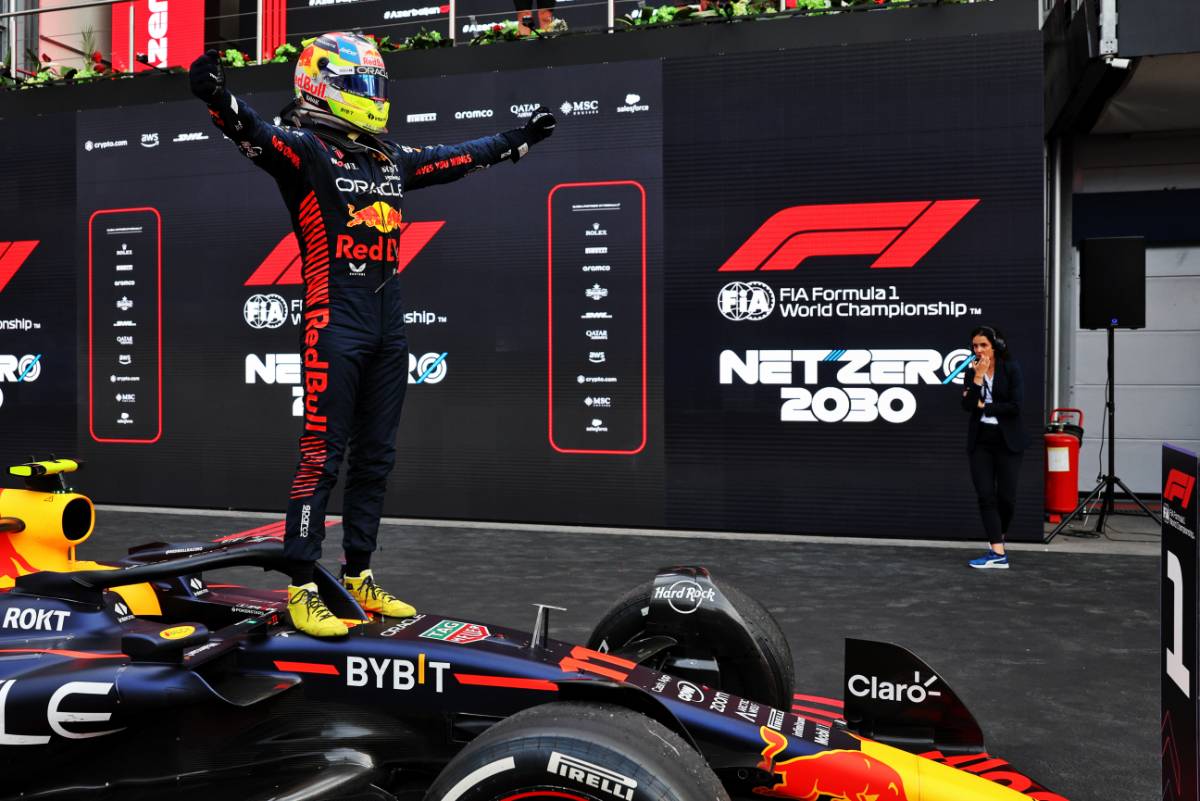 Race winner Sergio Perez (MEX) Red Bull Racing RB19 celebrates in parc ferme. 30.04.2023. Formula 1 World Championship, Rd 4, Azerbaijan Grand Prix, Baku Street Circuit, Azerbaijan, Race Day. - www.xpbimages.com, EMail: requests@xpbimages.com © Copyright: Bearne / XPB Images