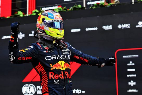 Race winner Sergio Perez (MEX) Red Bull Racing celebrates in parc ferme.
30.04.2023. Formula 1 World Championship, Rd 4, Azerbaijan Grand Prix, Baku Street Circuit, Azerbaijan, Race Day.
- www.xpbimages.com, EMail: requests@xpbimages.com © Copyright: Bearne / XPB Images