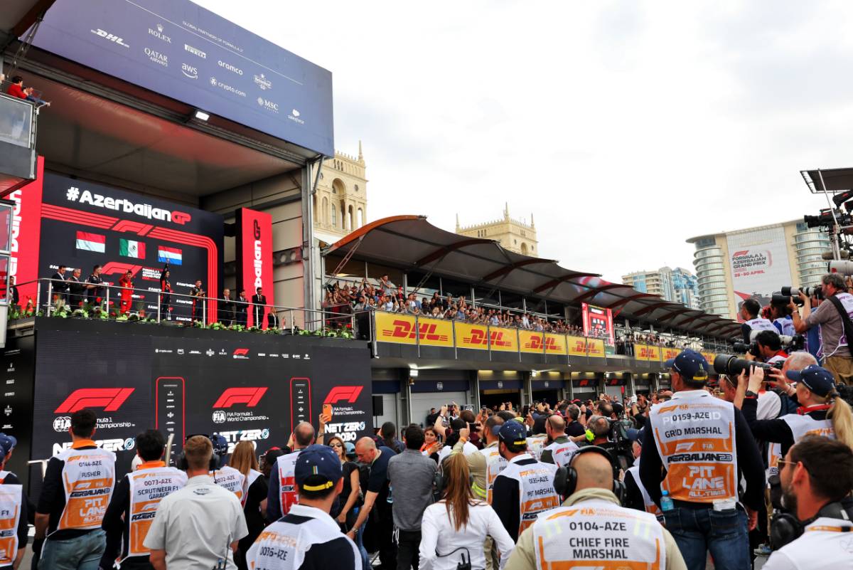 The podium (L to R): Charles Leclerc (MON) Ferrari, third; Sergio Perez (MEX) Red Bull Racing, race winner; Max Verstappen (NLD) Red Bull Racing, second. 30.04.2023. Formula 1 World Championship, Rd 4, Azerbaijan Grand Prix, Baku Street Circuit, Azerbaijan, Race Day. - www.xpbimages.com, EMail: requests@xpbimages.com © Copyright: Bearne / XPB Images