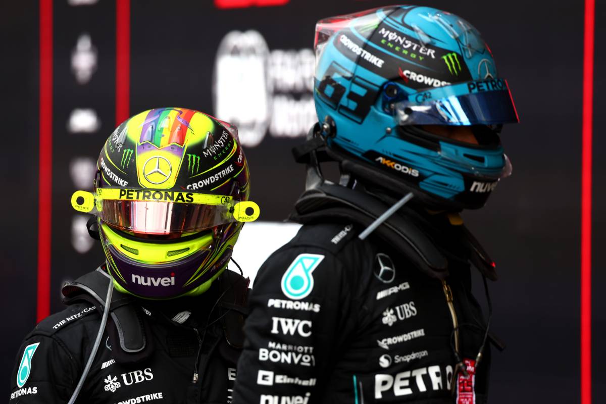 (L to R): Lewis Hamilton (GBR) Mercedes AMG F1 and George Russell (GBR) Mercedes AMG F1 in parc ferme. 30.04.2023. Formula 1 World Championship, Rd 4, Azerbaijan Grand Prix, Baku Street Circuit, Azerbaijan, Race Day. - www.xpbimages.com, EMail: requests@xpbimages.com © Copyright: Coates / XPB Images