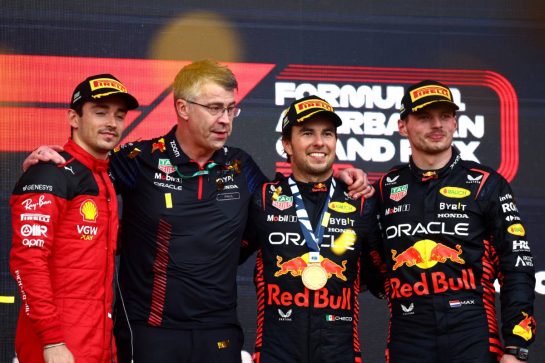 The podium (L to R): Charles Leclerc (MON) Ferrari, third; Sergio Perez (MEX) Red Bull Racing, race winner; Max Verstappen (NLD) Red Bull Racing, second.
30.04.2023. Formula 1 World Championship, Rd 4, Azerbaijan Grand Prix, Baku Street Circuit, Azerbaijan, Race Day.
- www.xpbimages.com, EMail: requests@xpbimages.com © Copyright: Coates / XPB Images