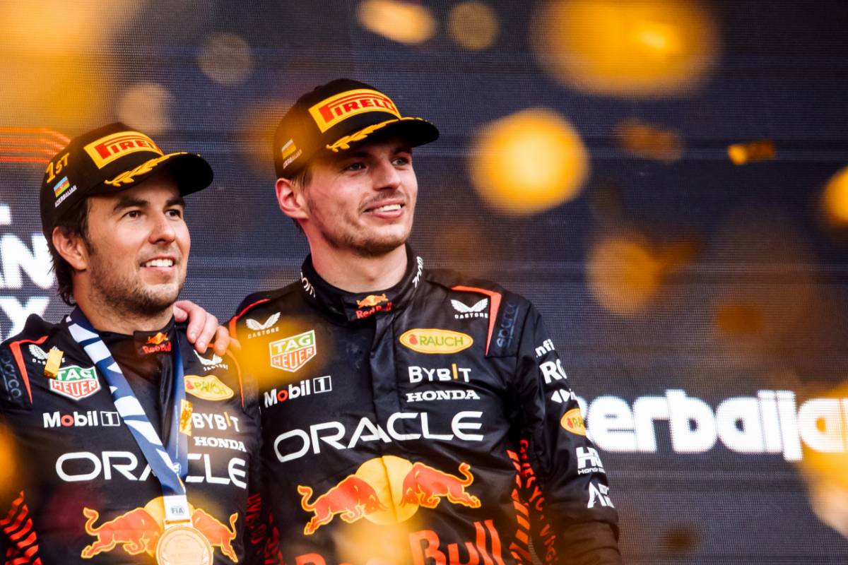 (L to R): Race winner Sergio Perez (MEX) Red Bull Racing with second placed team mate Max Verstappen (NLD) Red Bull Racing on the podium. 30.04.2023. Formula 1 World Championship, Rd 4, Azerbaijan Grand Prix, Baku Street Circuit, Azerbaijan, Race Day. - www.xpbimages.com, EMail: requests@xpbimages.com © Copyright: Bearne / XPB Images