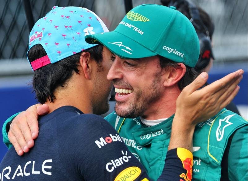 (L to R): Sergio Perez (MEX) Red Bull Racing celebrates his pole position in qualifying parc ferme with second placed Fernando Alonso (ESP) Aston Martin F1 Team. 06.05.2023. Formula 1 World Championship, Rd 5, Miami Grand Prix, Miami, Florida, USA, Qualifying Day. - www.xpbimages.com, EMail: requests@xpbimages.com © Copyright: Batchelor / XPB Images
