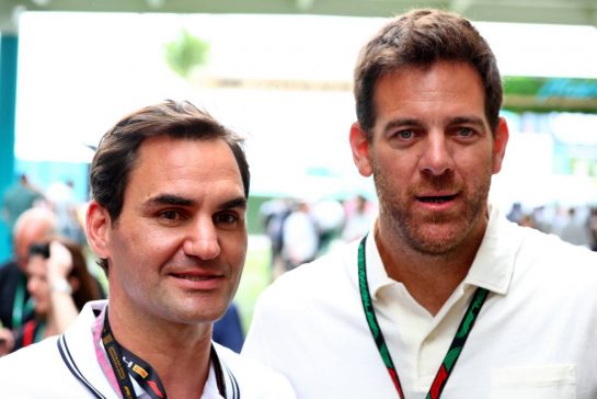 (L to R): Roger Federer (SUI) Tennis Player with Juan Martin del Potro (ARG) Tennis Player.
07.05.2023. Formula 1 World Championship, Rd 5, Miami Grand Prix, Miami, Florida, USA, Race Day.
- www.xpbimages.com, EMail: requests@xpbimages.com © Copyright: Coates / XPB Images