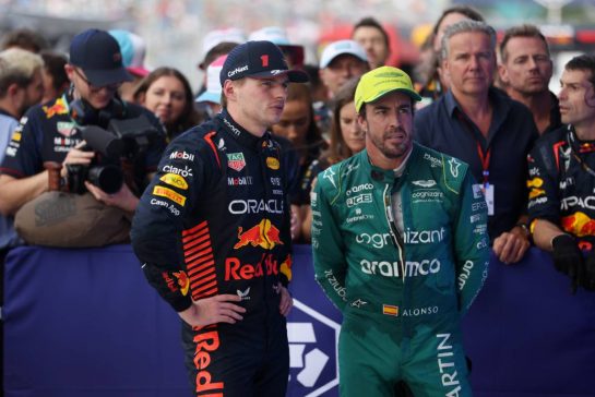 (L to R): race winner Max Verstappen (NLD) Red Bull Racing with third placed Fernando Alonso (ESP) Aston Martin F1 Team in parc ferme.
07.05.2023. Formula 1 World Championship, Rd 5, Miami Grand Prix, Miami, Florida, USA, Race Day.
 - www.xpbimages.com, EMail: requests@xpbimages.com © Copyright: Gilbert / XPB Images