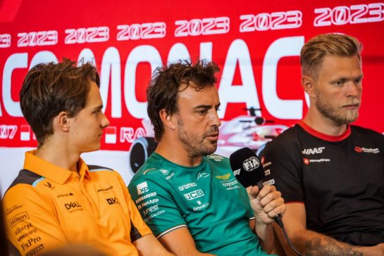 (L to R): Oscar Piastri (AUS) McLaren; Fernando Alonso (ESP) Aston Martin F1 Team and Kevin Magnussen (DEN) Haas F1 Team in the FIA Press Conference.
25.05.2023. Formula 1 World Championship, Rd 7, Monaco Grand Prix, Monte Carlo, Monaco, Preparation Day.
- www.xpbimages.com, EMail: requests@xpbimages.com © Copyright: Bearne / XPB Images