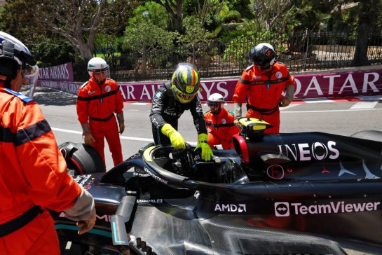 Lewis Hamilton (GBR) Mercedes AMG F1 W14 crashed in the third practice session.
27.05.2023. Formula 1 World Championship, Rd 7, Monaco Grand Prix, Monte Carlo, Monaco, Qualifying Day.
- www.xpbimages.com, EMail: requests@xpbimages.com © Copyright: Coates / XPB Images