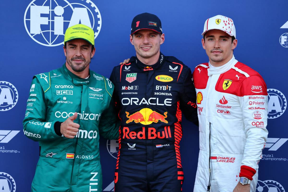 Qualifying top three in parc ferme (L to R): Fernando Alonso (ESP) Aston Martin F1 Team, second; Max Verstappen (NLD) Red Bull Racing, pole position; Charles Leclerc (MON) Ferrari, third. 27.05.2023. Formula 1 World Championship, Rd 7, Monaco Grand Prix, Monte Carlo, Monaco, Qualifying Day. - www.xpbimages.com, EMail: requests@xpbimages.com © Copyright: Batchelor / XPB Images