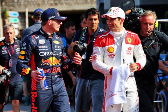 (L to R): Pole sitter Max Verstappen (NLD) Red Bull Racing with third placed Charles Leclerc (MON) Ferrari in qualifying parc ferme.
27.05.2023. Formula 1 World Championship, Rd 7, Monaco Grand Prix, Monte Carlo, Monaco, Qualifying Day.
- www.xpbimages.com, EMail: requests@xpbimages.com © Copyright: Batchelor / XPB Images