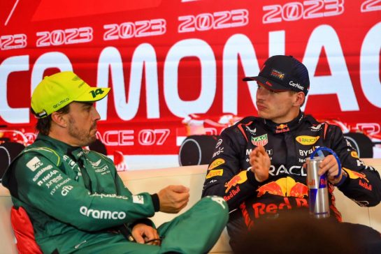 (L to R): Fernando Alonso (ESP) Aston Martin F1 Team and Max Verstappen (NLD) Red Bull Racing in the post qualifying FIA Press Conference.
27.05.2023. Formula 1 World Championship, Rd 7, Monaco Grand Prix, Monte Carlo, Monaco, Qualifying Day.
- www.xpbimages.com, EMail: requests@xpbimages.com © Copyright: Price / XPB Images
