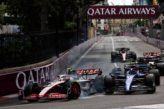Nico Hulkenberg (GER) Haas VF-23 and Logan Sargeant (USA) Williams Racing FW45 at the start of the race.
28.05.2023. Formula 1 World Championship, Rd 7, Monaco Grand Prix, Monte Carlo, Monaco, Race Day.
 - www.xpbimages.com, EMail: requests@xpbimages.com © Copyright: Coates / XPB Images