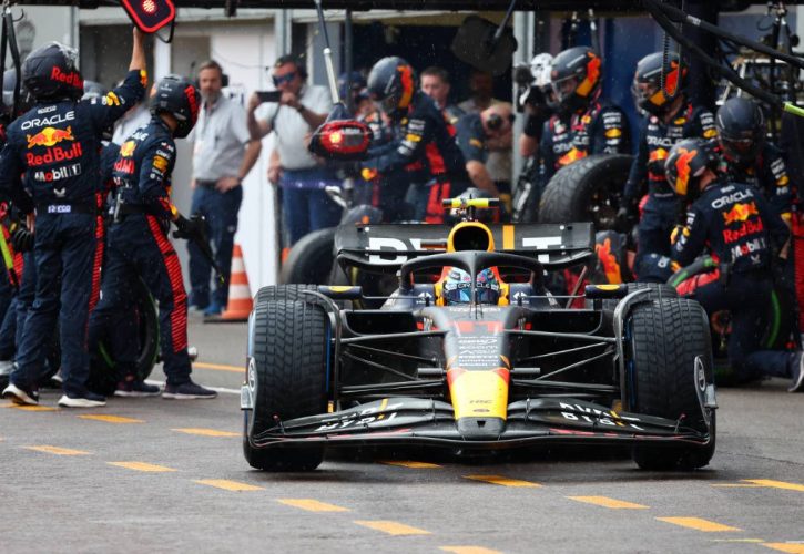 Sergio Perez (MEX) Red Bull Racing RB19 makes a pit stop. 28.05.2023. Formula 1 World Championship, Rd 7, Monaco Grand Prix, Monte Carlo, Monaco, Race Day. - www.xpbimages.com, EMail: requests@xpbimages.com © Copyright: Batchelor / XPB Images