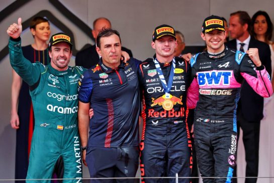 The podium (L to R): Fernando Alonso (ESP) Aston Martin F1 Team, second; Pierre Wache (FRA) Red Bull Racing Technical Director; Max Verstappen (NLD) Red Bull Racing, race winner; Esteban Ocon (FRA) Alpine F1 Team, third.
28.05.2023. Formula 1 World Championship, Rd 7, Monaco Grand Prix, Monte Carlo, Monaco, Race Day.
- www.xpbimages.com, EMail: requests@xpbimages.com © Copyright: Batchelor / XPB Images