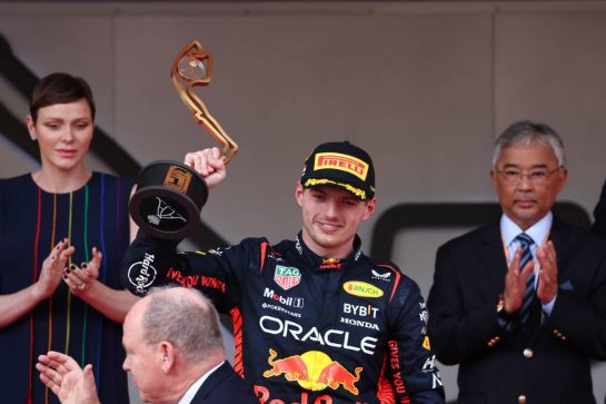 Race winner Max Verstappen (NLD) Red Bull Racing celebrates on the podium.
28.05.2023. Formula 1 World Championship, Rd 7, Monaco Grand Prix, Monte Carlo, Monaco, Race Day.
- www.xpbimages.com, EMail: requests@xpbimages.com © Copyright: Batchelor / XPB Images