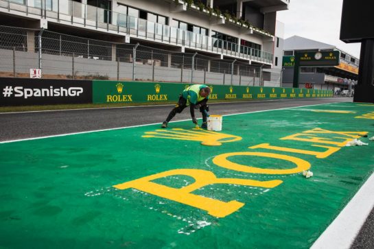 Circuit atmosphere - Rolex branding prepared trackside.
01.06.2023. Formula 1 World Championship, Rd 8, Spanish Grand Prix, Barcelona, Spain, Preparation Day.
- www.xpbimages.com, EMail: requests@xpbimages.com © Copyright: Bearne / XPB Images