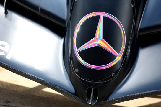 Mercedes AMG F1 W14 nosecone with rainbow coloured Mercedes badge for Pride Month. 
01.06.2023. Formula 1 World Championship, Rd 8, Spanish Grand Prix, Barcelona, Spain, Preparation Day.
- www.xpbimages.com, EMail: requests@xpbimages.com © Copyright: Batchelor / XPB Images
