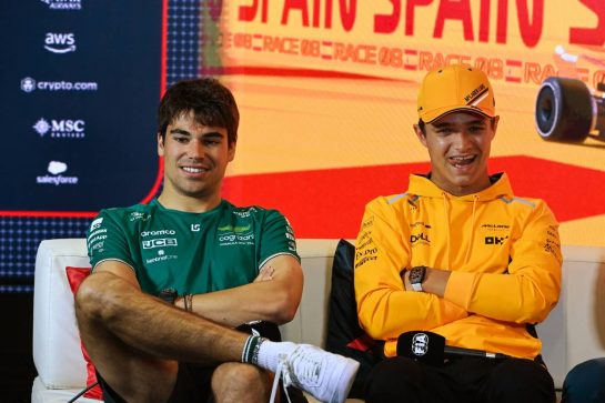 (L to R): Lance Stroll (CDN) Aston Martin F1 Team and Lando Norris (GBR) McLaren in the FIA Press Conference.
01.06.2023. Formula 1 World Championship, Rd 8, Spanish Grand Prix, Barcelona, Spain, Preparation Day.
- www.xpbimages.com, EMail: requests@xpbimages.com © Copyright: XPB Images