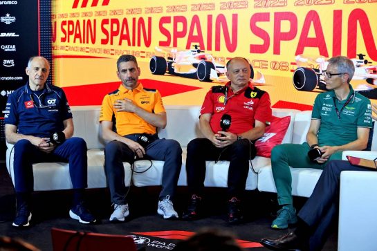 (L to R): Franz Tost (AUT) AlphaTauri Team Principal; Andreas Seidl (GER) Sauber Group Chief Executive Officer; Frederic Vasseur (FRA) Ferrari Team Principal; and Mike Krack (LUX) Aston Martin F1 Team, Team Principal, in the FIA Press Conference.
02.06.2023 Formula 1 World Championship, Rd 8, Spanish Grand Prix, Barcelona, Spain, Practice Day.
- www.xpbimages.com, EMail: requests@xpbimages.com © Copyright: XPB Images