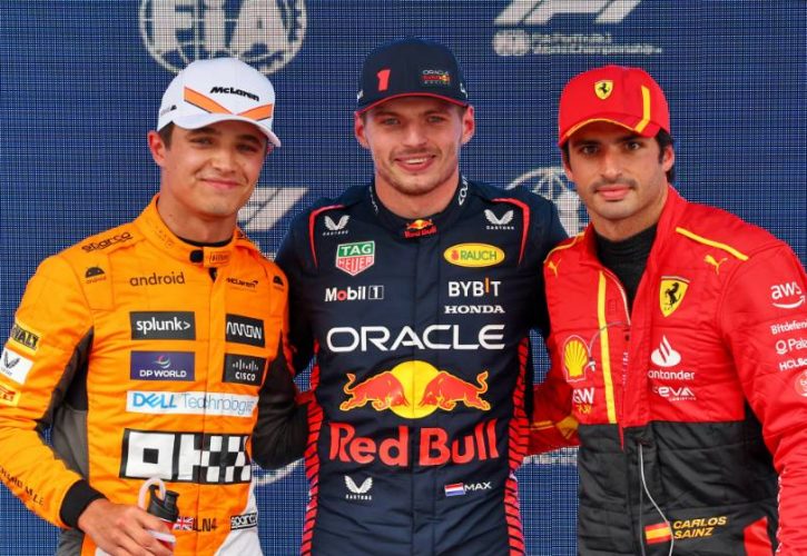 Qualifying top three in parc ferme (L to R): Lando Norris (GBR) McLaren, second; Max Verstappen (NLD) Red Bull Racing, pole position; Carlos Sainz Jr (ESP) Ferrari, third. 03.06.2023. Formula 1 World Championship, Rd 8, Spanish Grand Prix, Barcelona, Spain, Qualifying Day. - www.xpbimages.com, EMail: requests@xpbimages.com © Copyright: Batchelor / XPB Images