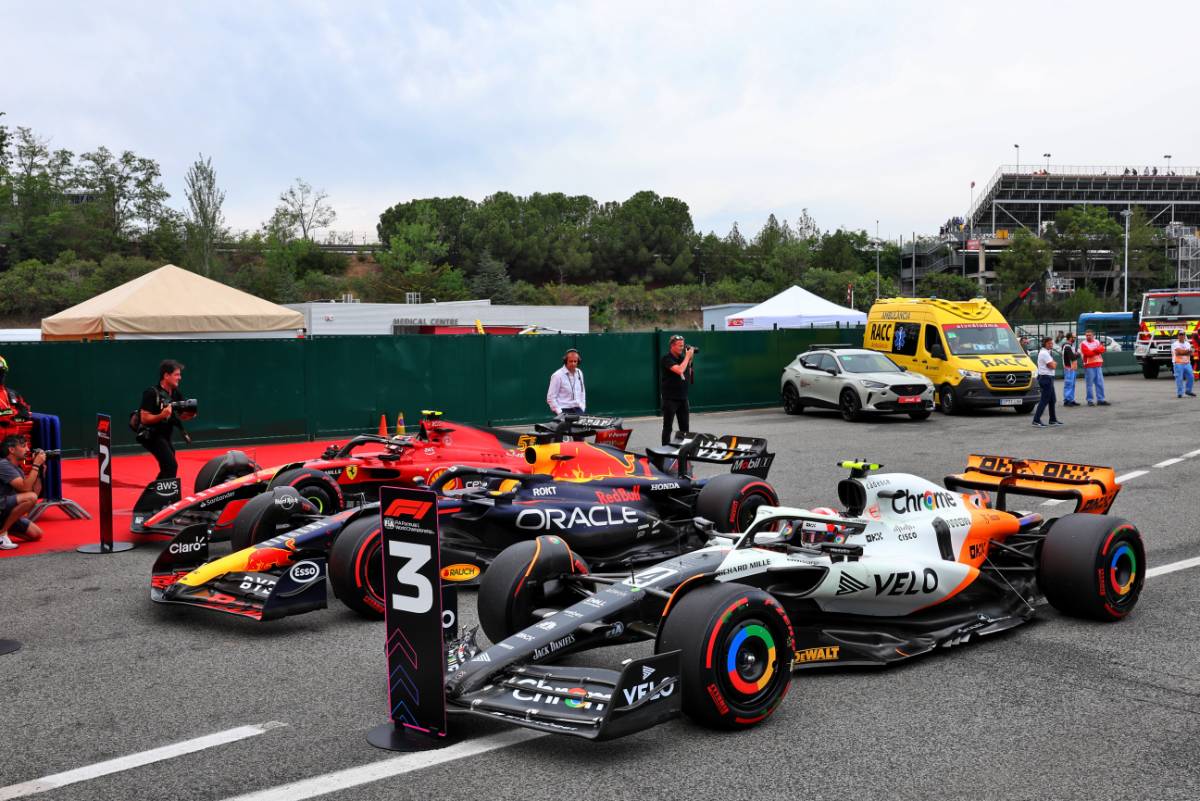 Top three in qualifying parc ferme Carlos Sainz Jr (ESP) Ferrari, second; Max Verstappen (NLD) Red Bull Racing RB19, pole position; Lando Norris (GBR) McLaren MCL60, third. 03.06.2023. Formula 1 World Championship, Rd 8, Spanish Grand Prix, Barcelona, Spain, Qualifying Day. - www.xpbimages.com, EMail: requests@xpbimages.com © Copyright: Batchelor / XPB Images