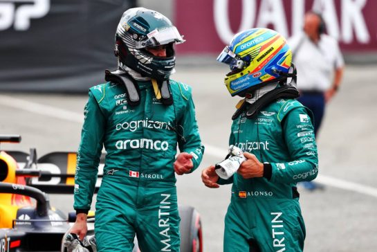 (L to R): Lance Stroll (CDN) Aston Martin F1 Team and Fernando Alonso (ESP) Aston Martin F1 Team in qualifying parc ferme.
03.06.2023. Formula 1 World Championship, Rd 8, Spanish Grand Prix, Barcelona, Spain, Qualifying Day.
 - www.xpbimages.com, EMail: requests@xpbimages.com © Copyright: Coates / XPB Images