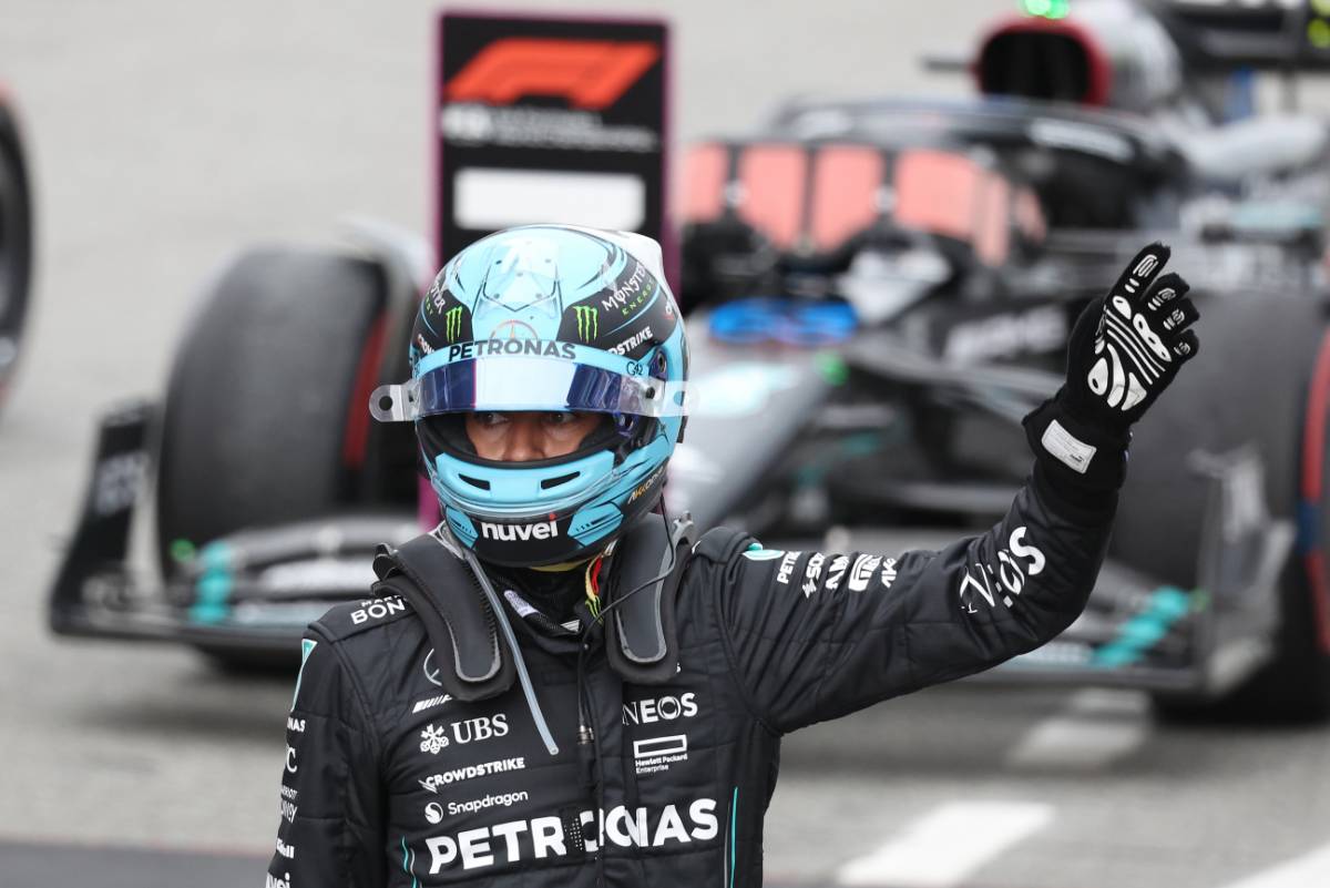 George Russell (GBR) Mercedes AMG F1 celebrates his third position in parc ferme.
04.06.2023. Formula 1 World Championship, Rd 8, Spanish Grand Prix, Barcelona, Spain, Race Day.
- www.xpbimages.com, EMail: requests@xpbimages.com © Copyright: Bearne / XPB Images