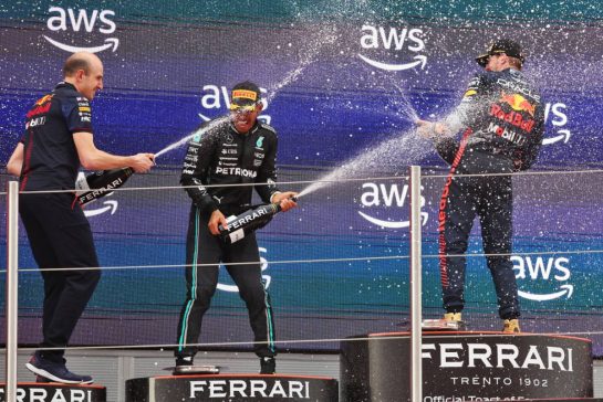 (L to R): Lewis Hamilton (GBR) Mercedes AMG F1 celebrates his second position on the podium with race winner Max Verstappen (NLD) Red Bull Racing.
04.06.2023. Formula 1 World Championship, Rd 8, Spanish Grand Prix, Barcelona, Spain, Race Day.
- www.xpbimages.com, EMail: requests@xpbimages.com © Copyright: Bearne / XPB Images