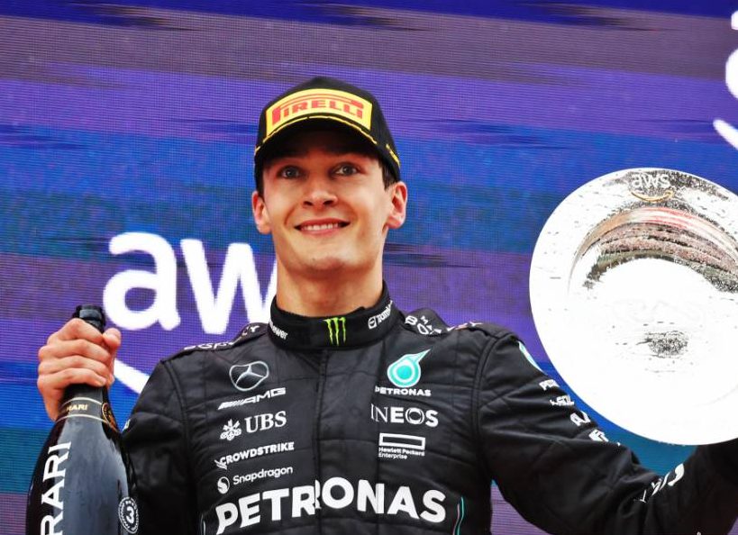 George Russell (GBR) Mercedes AMG F1 celebrates his third position on the podium. 04.06.2023. Formula 1 World Championship, Rd 8, Spanish Grand Prix, Barcelona, Spain, Race Day. - www.xpbimages.com, EMail: requests@xpbimages.com © Copyright: Bearne / XPB Images